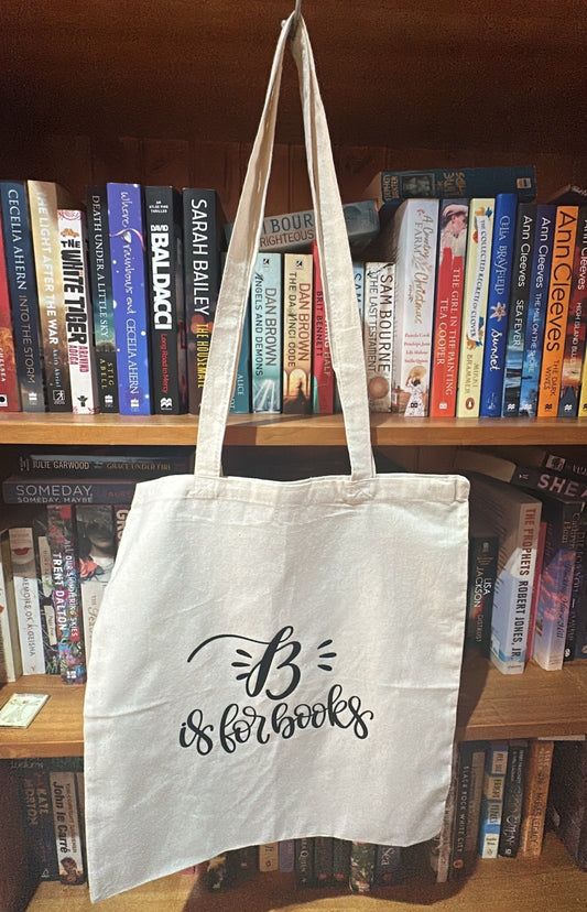 Cream tote with Black writing B is for Books